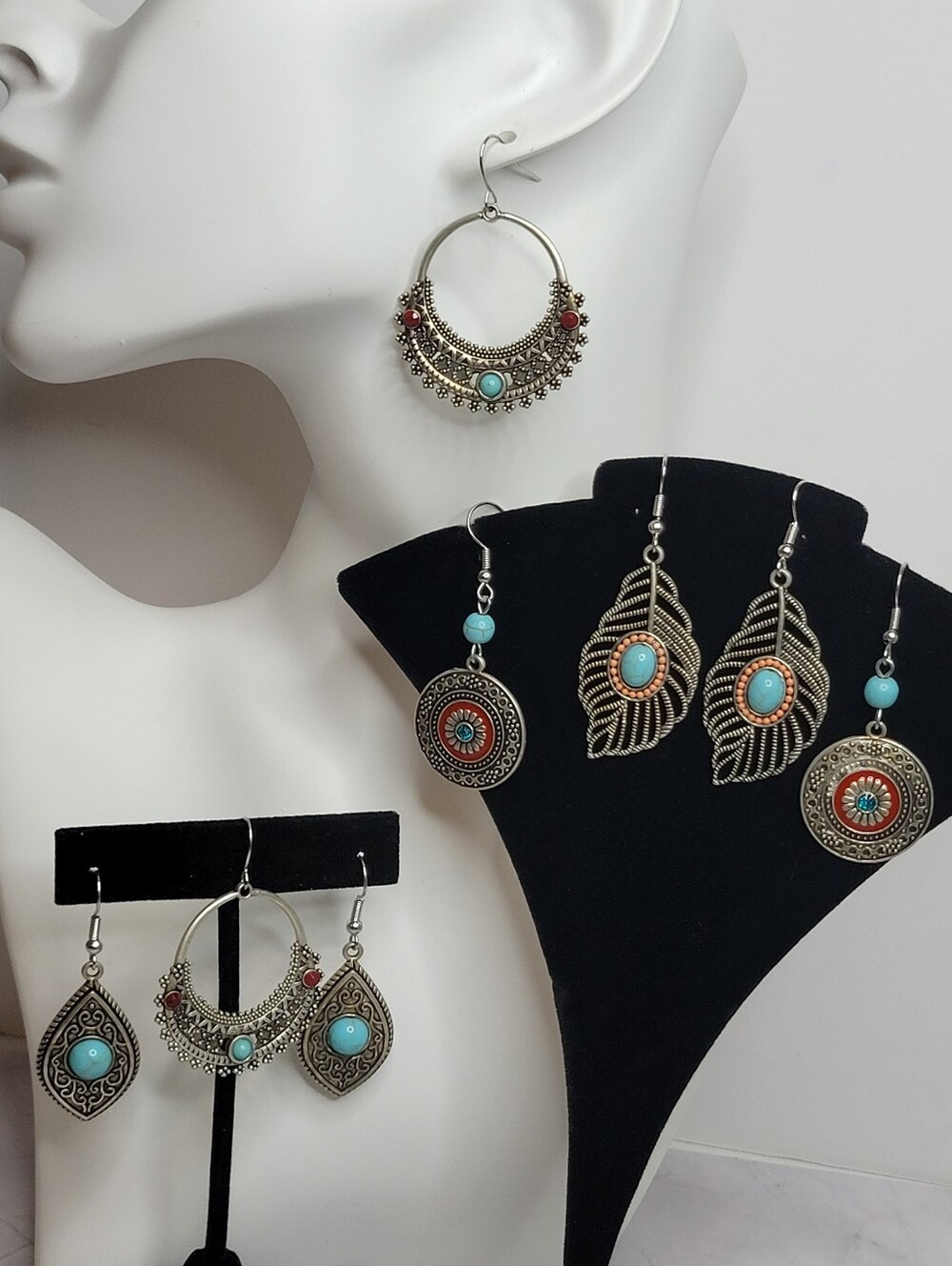 4 Pc. Bundle Boho Turquoise Accent Silver-Tone Dangle/ Hoop Earrings  New